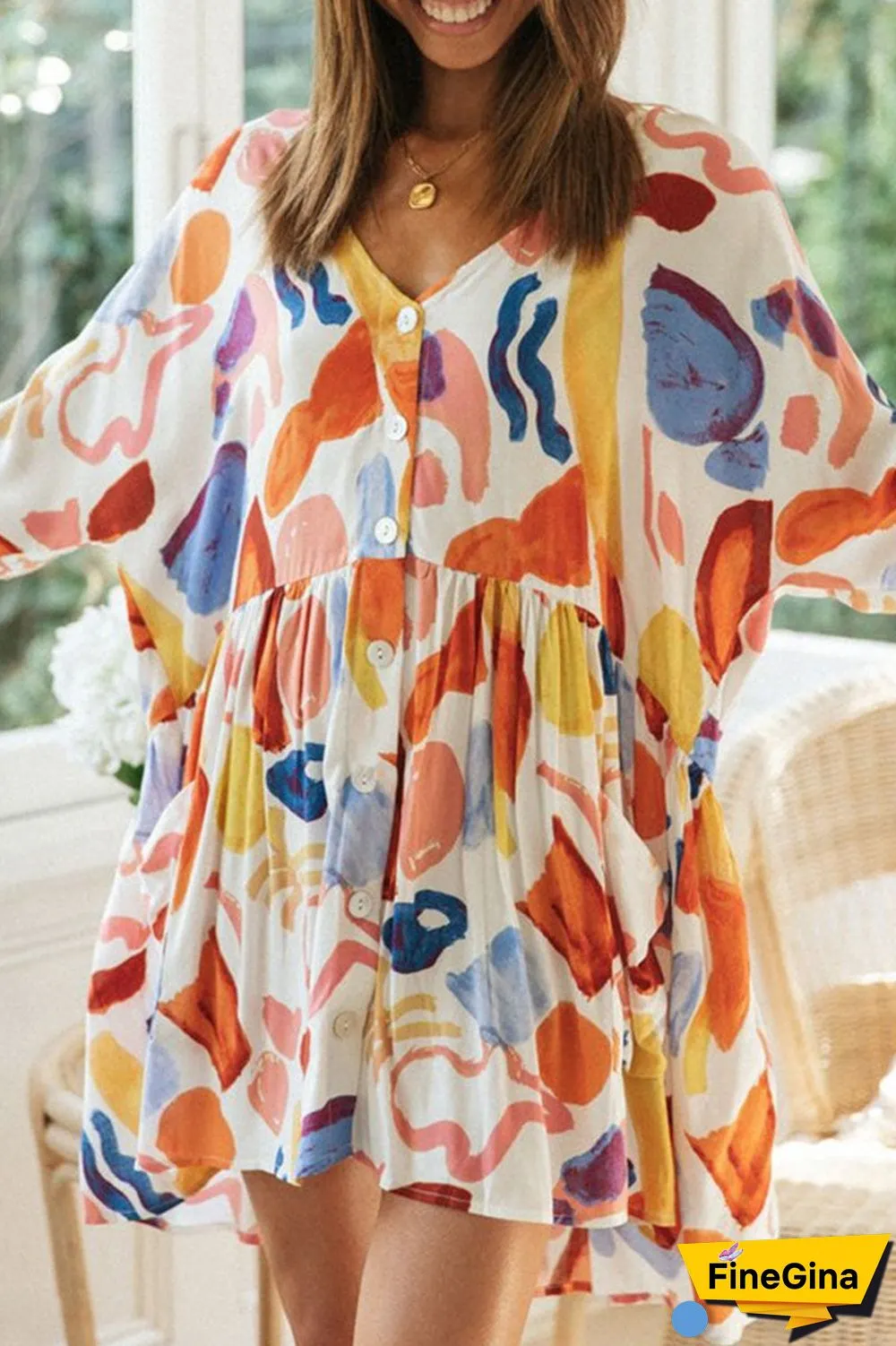 Fashion Street Print Split Joint V Neck Printed Dresses