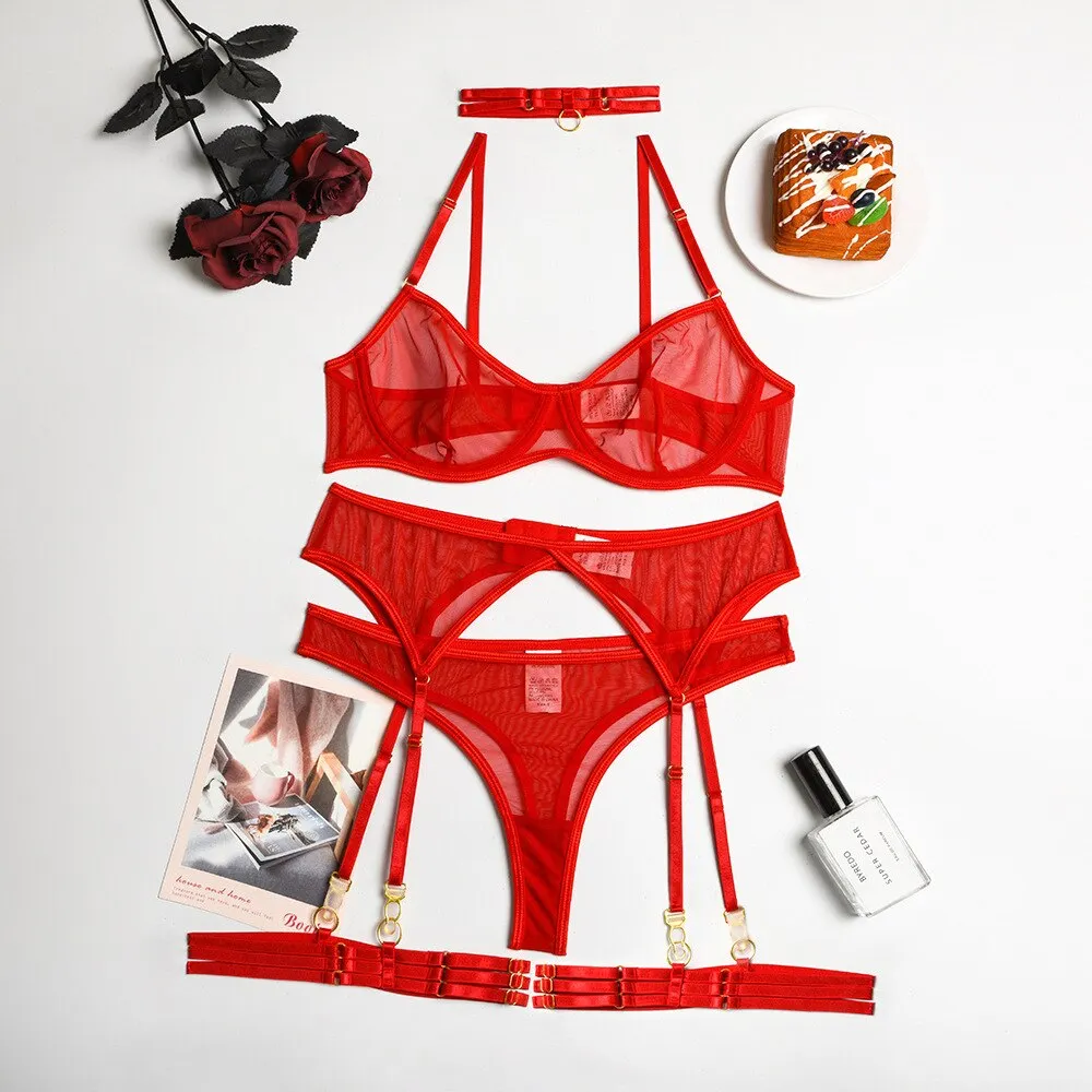 MIRABELLE Sensual Lingerie Set Woman 4 Pieces Sexy Erotic Underwear Bra Garters Brief Sets Transparent Lace Seamless Outfits