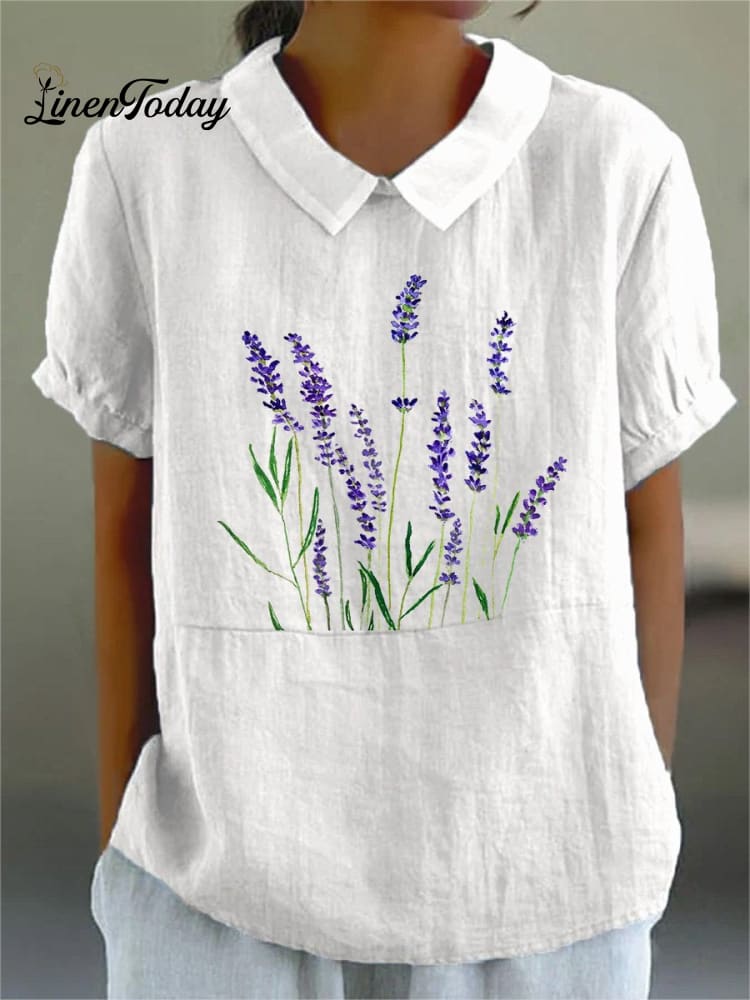 Women&rsquo;s Lavender Art Print Casual Cotton And Linen Shirt Multicolor / S