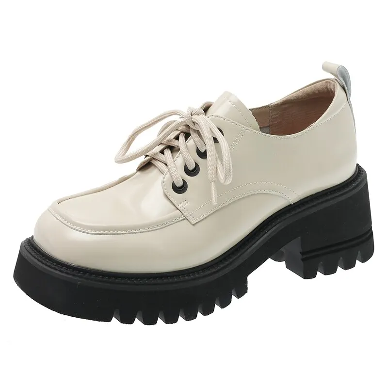 Qengg loafers women platform shoes Small Leather Shoes Female 2022 Wild Thick High Heel Retro Work Shoes Spring Low Single Shoe