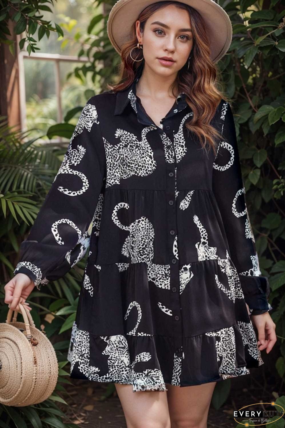 leopard print collared button up shirt dress with ruffled sleeves