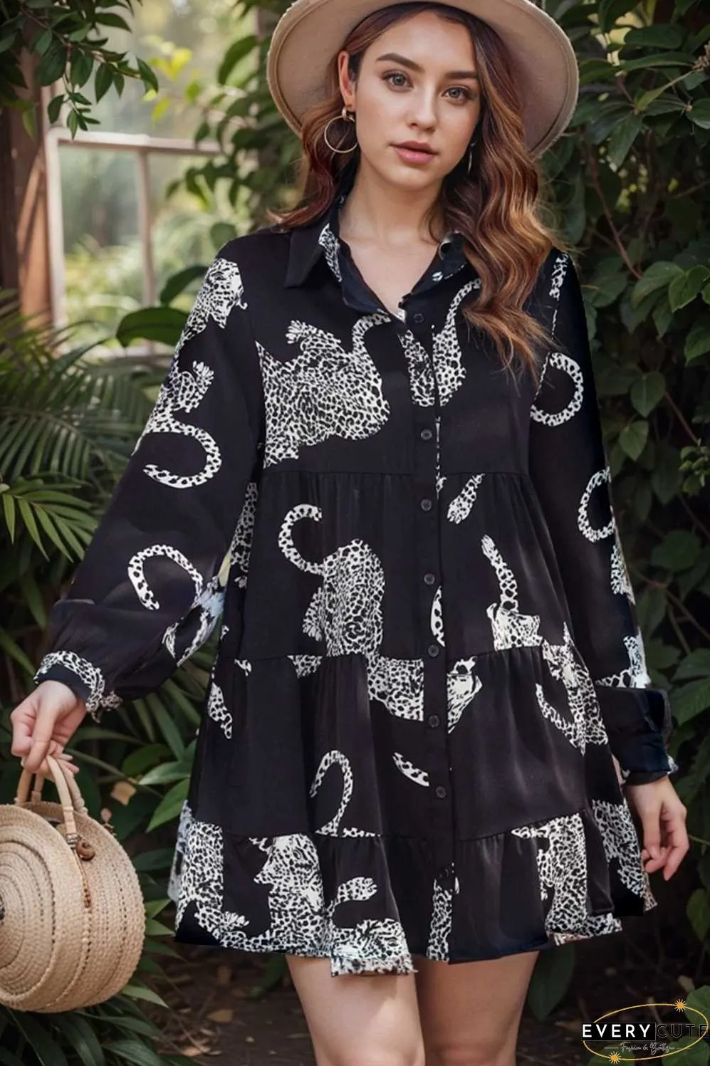 leopard print collared button up shirt dress with ruffled sleeves