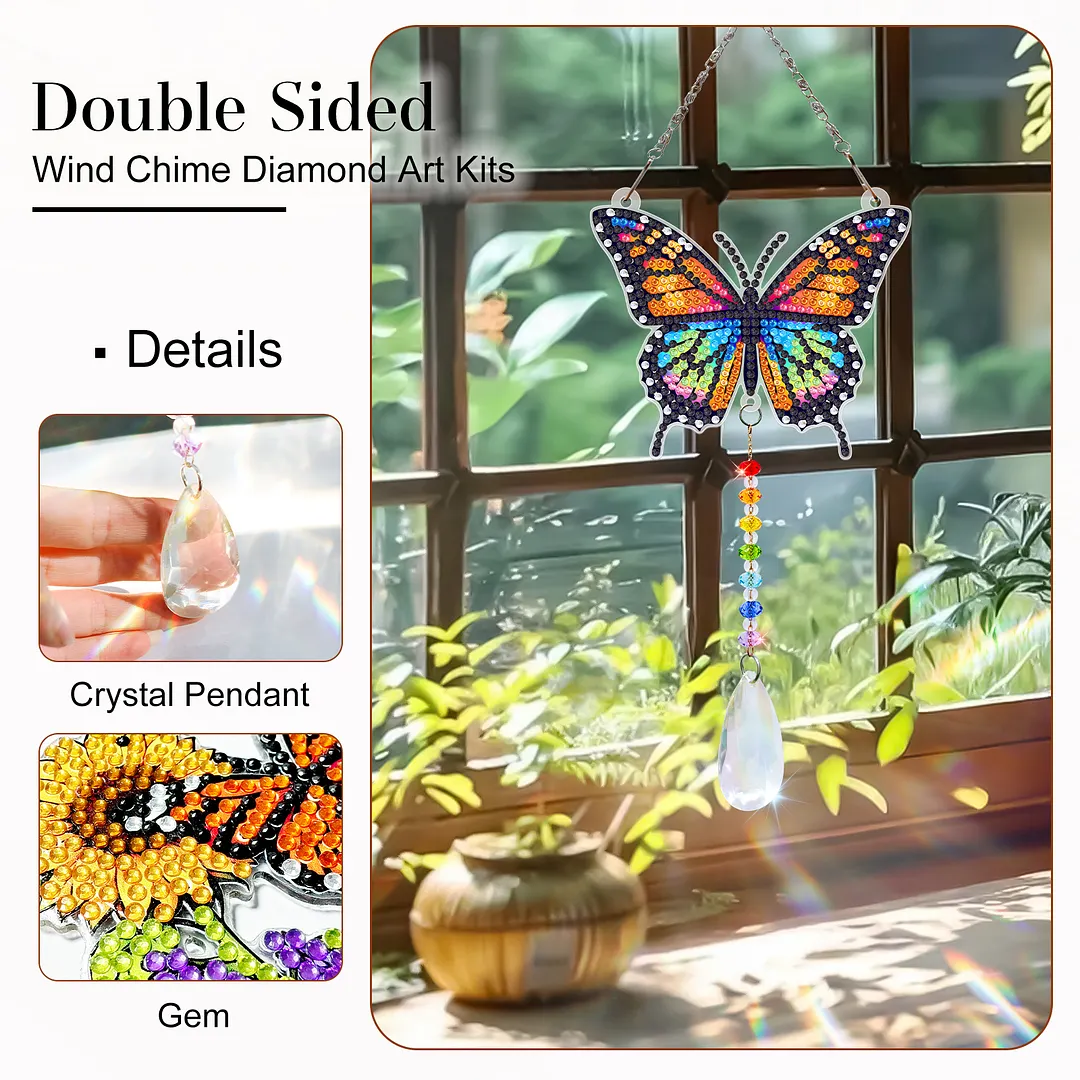 2Pcs Beautiful Butterflies and Hummingbirds DIY Double-Sided Diamond Painting Hanging Kits Diamond Painting Suncatcher Craft Kit for Home Garden Wall Decor Gift