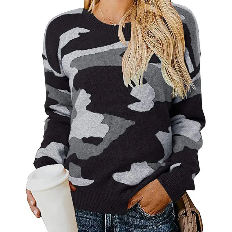 Athvotar Athvotar Sweater Women Autumn And Winter New Camouflage Leopard Sweater Round Collar Knitted Shirt Woman