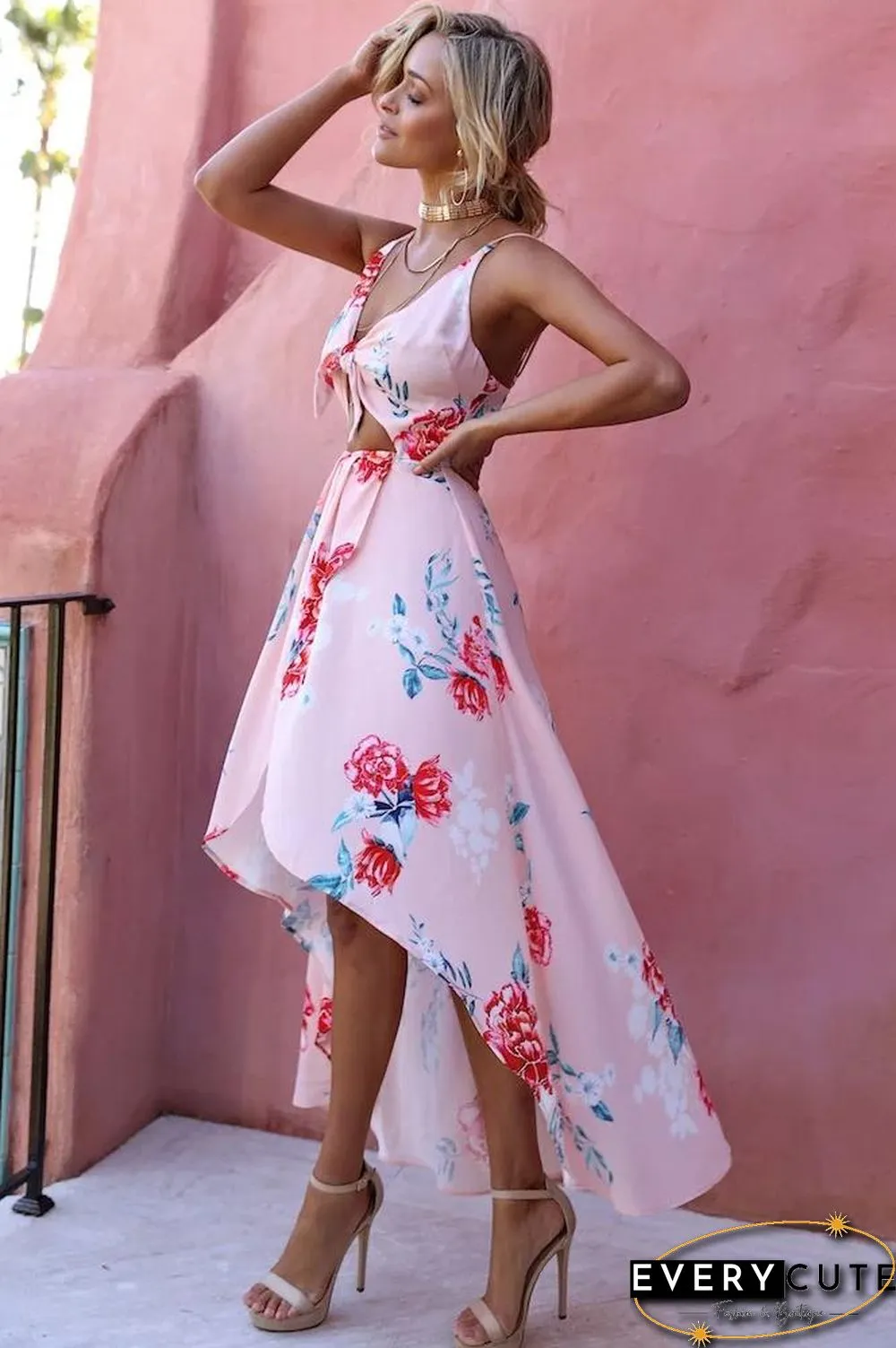 Pink Sleeveless Flowers Printed Irregular Hem Dress