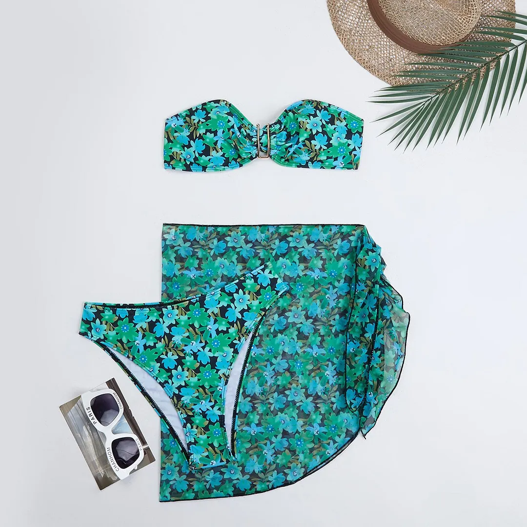 Churchf 2025 Swimsuit Women Divided Metal U-Shaped Bikini Bikini Three-Piece Printed Swimsuit