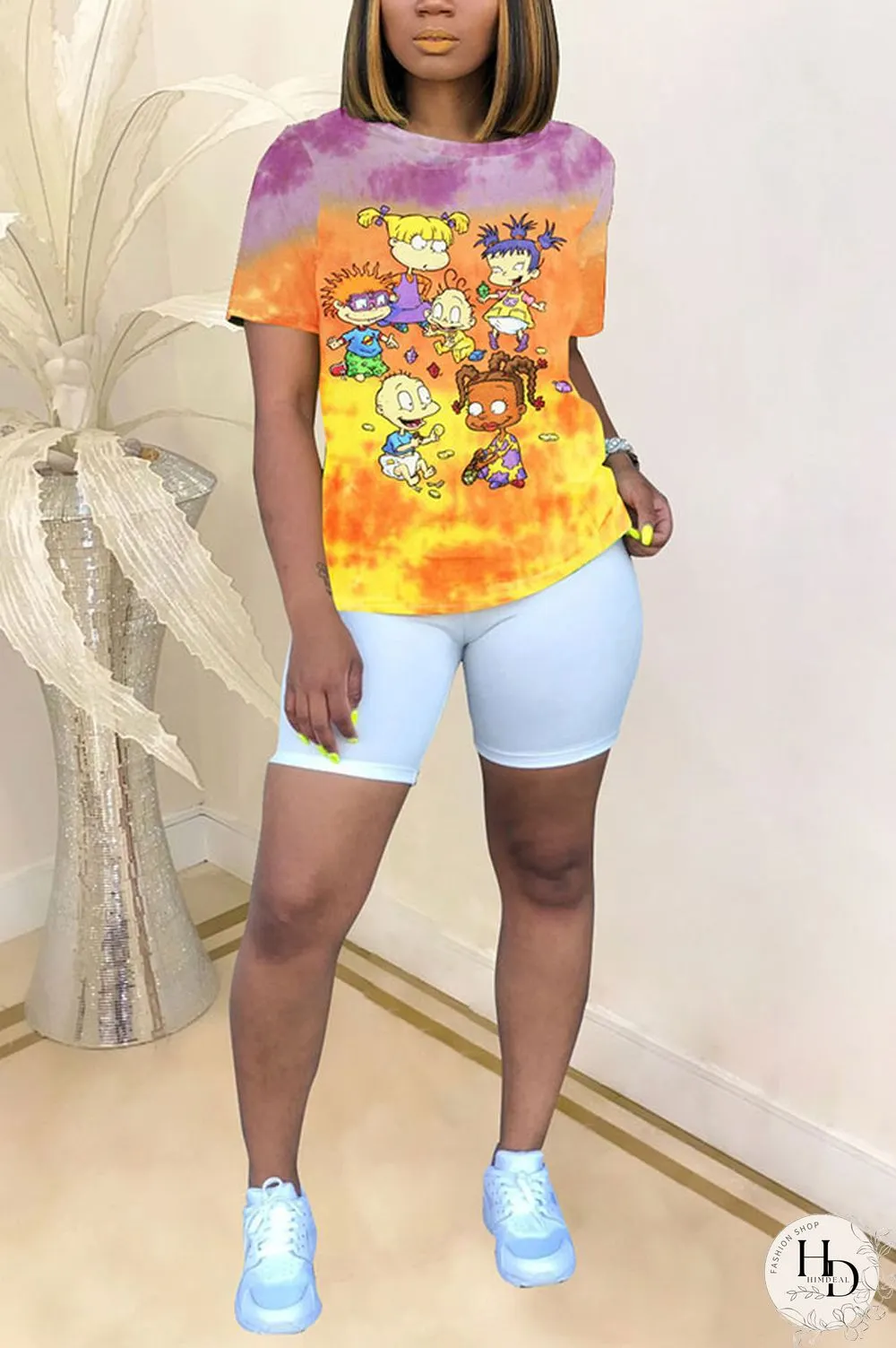 Blue White Blue Orange Yellow colour Polyester O Neck Short Sleeve Patchwork Print Character Tops