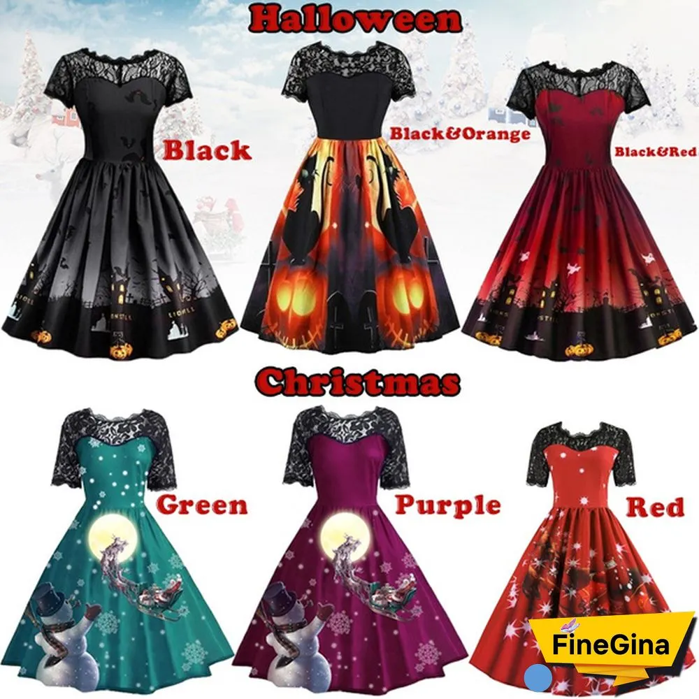 Plus Size Fashion Women Pumpkin Snowflake Print Dress Short Sleeve Lace Dress Christmas Halloween Costume Knee Length Party Dresses