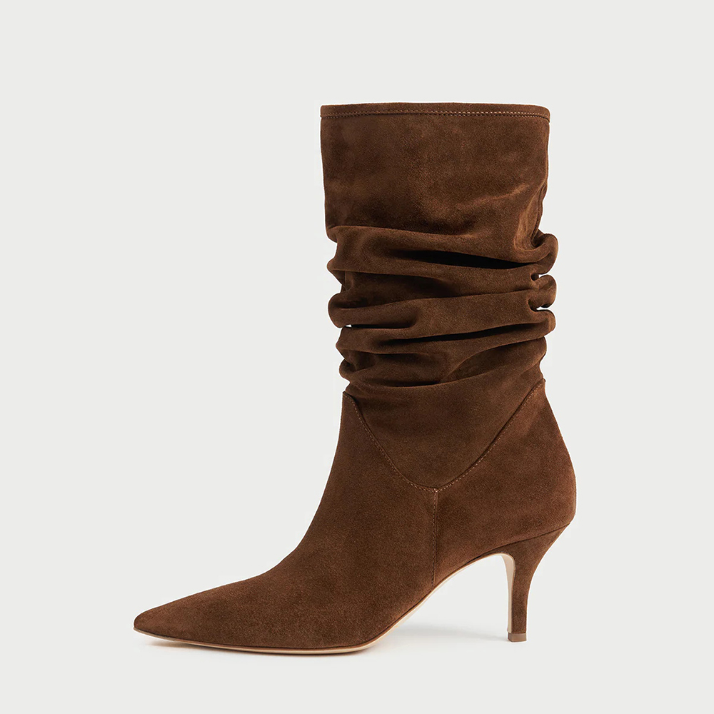 Brown Pointed Toe Stiletto Heel Vegan Suede Slouch Boots for Women