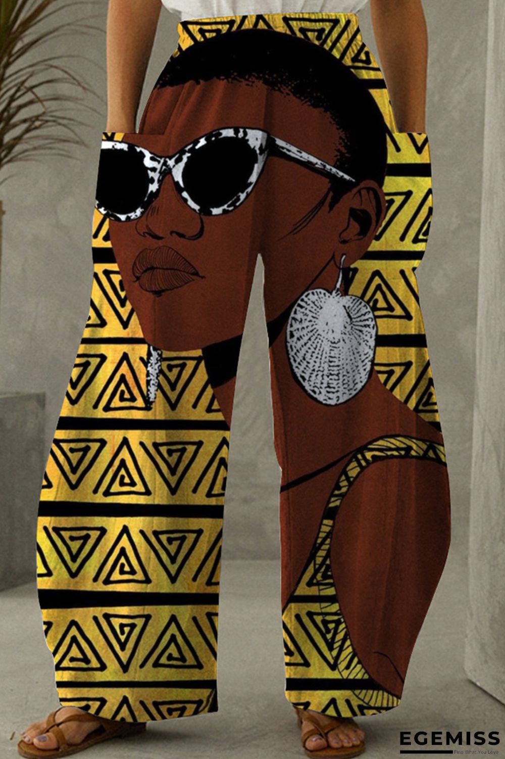 Yellow Brown Fashion Casual Print Basic Plus Size High Waist Trousers | EGEMISS