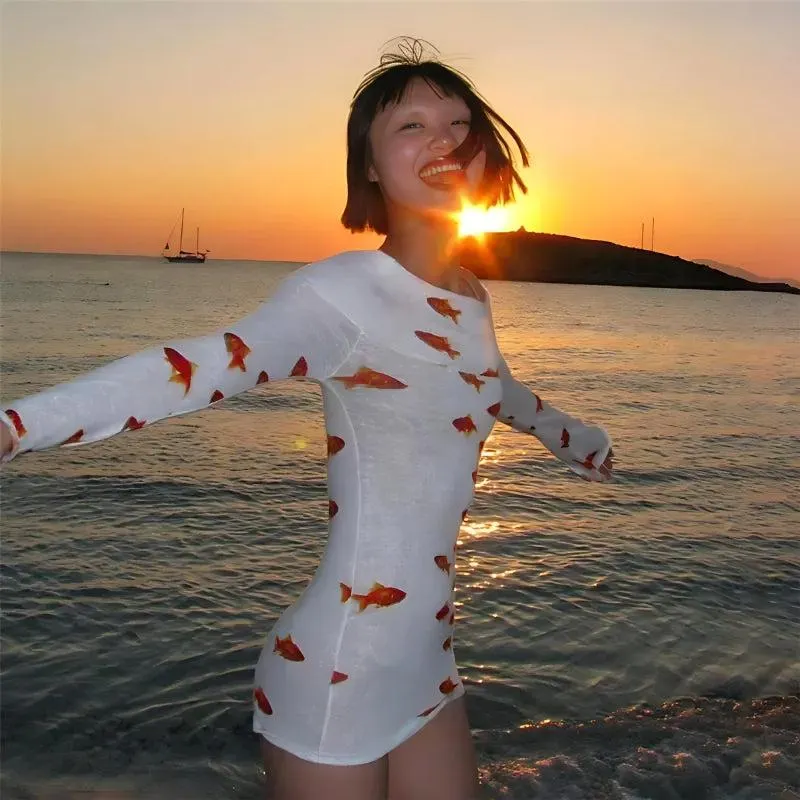 Brownm Fish Printed Mesh Mini Dress
