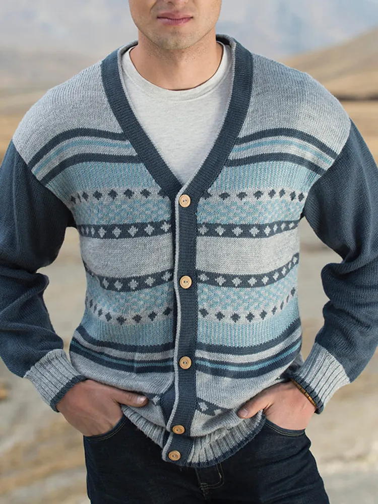 Retro Gray Blue Geometry Knitted Sweater Cardigan