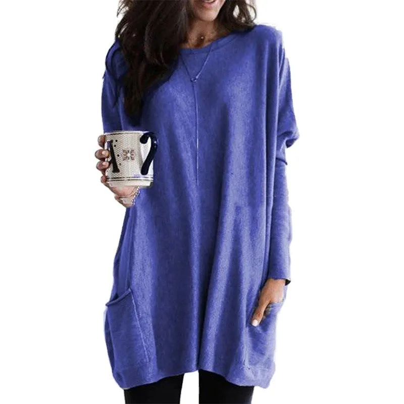 Brownm Autumn Pullover Casual Round Neck Long Sleeve Pocket T-shirt Top