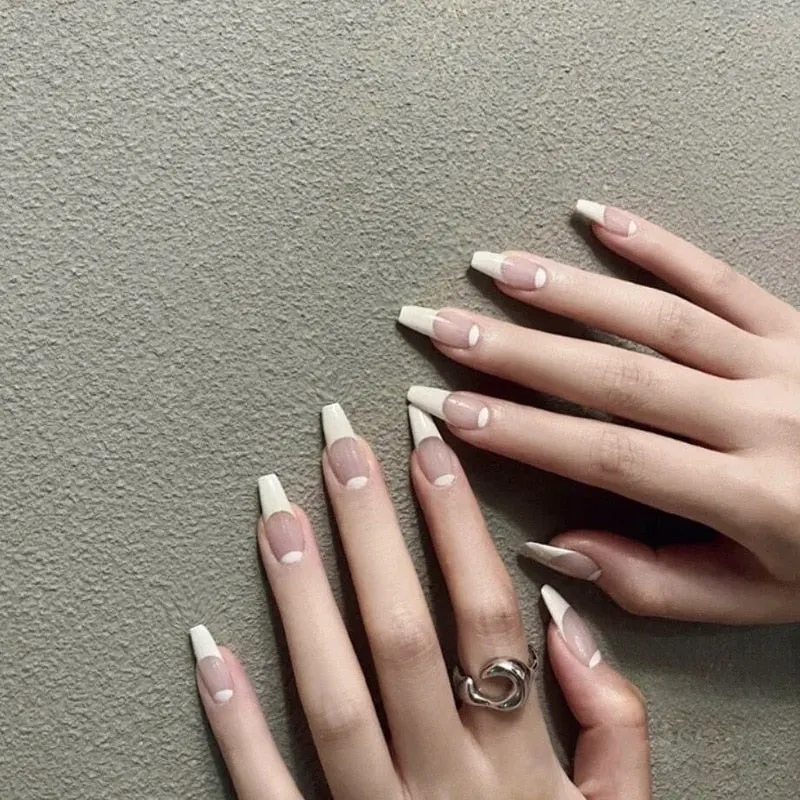 24pcs White Nail Patch Glue Type Removable Long Paragraph Fashion Manicure Save Time False Nail Patch SANA889-Nail Inspo