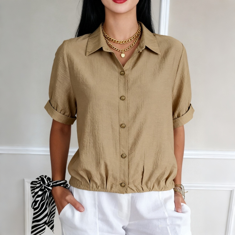 Women's Solid Color Button Blend Loose Short Sleeve Shirt elevenforest