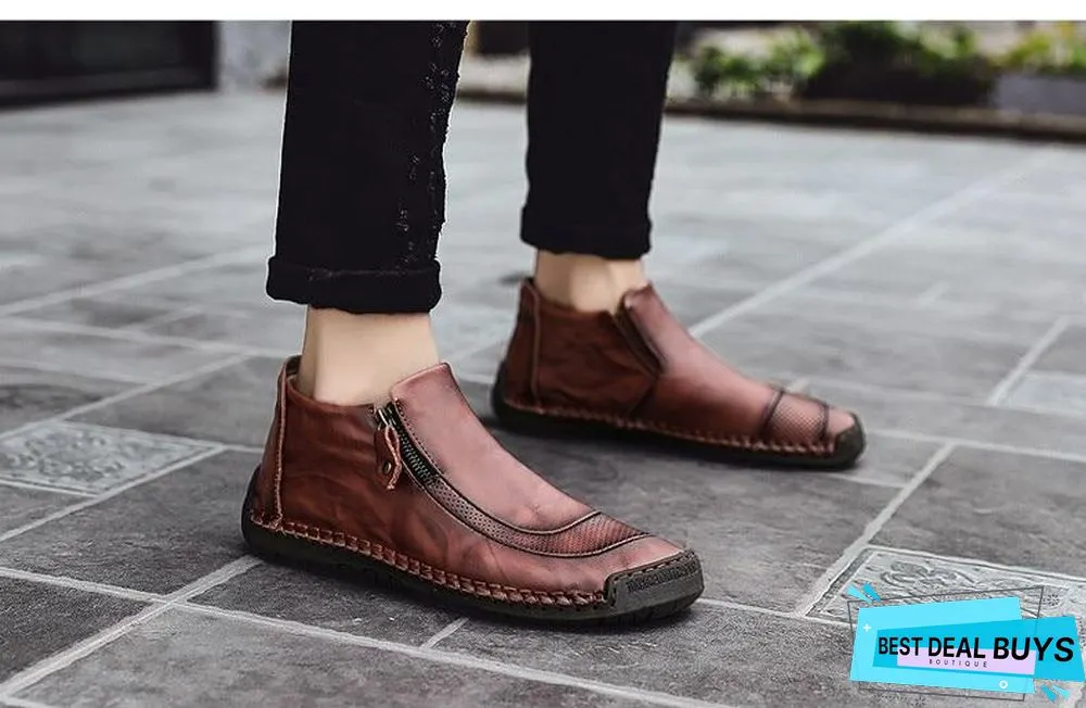 Men Boots Split Leather Ankle Snow Boots Warm Fur Men's Shoes Plush Winter Autumn Driving Shoes