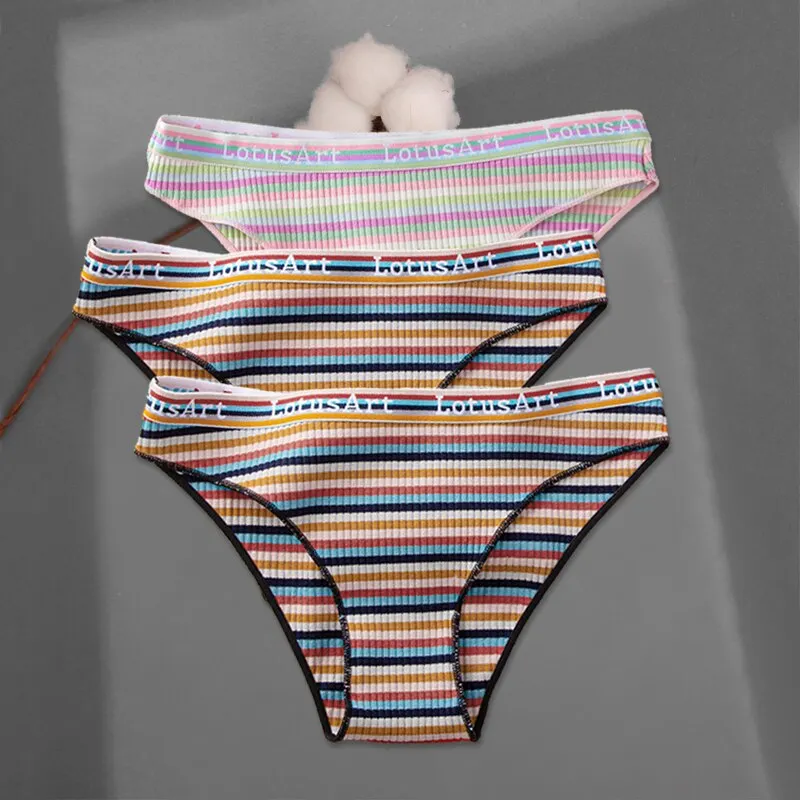 FINETOO 3Pcs/set Colorful Stripes Panties Women's Cotton Briefs M-XL Low-Rise Rainbow Underwear Ladies Underpants Girls Panties