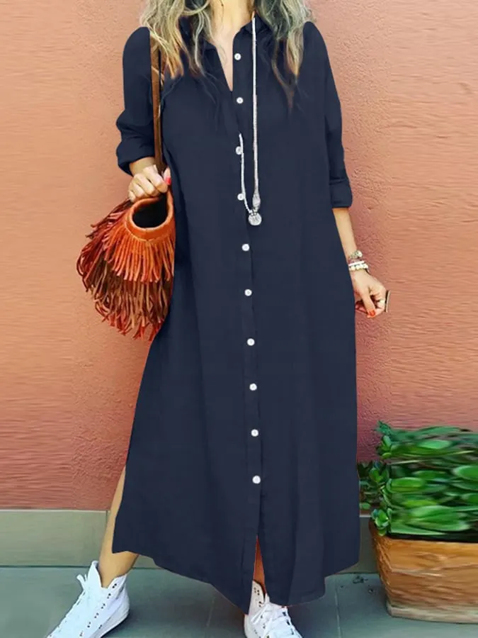 Cotton And Linen Simple And Versatile Long Sleeved Loose Shirt Dress