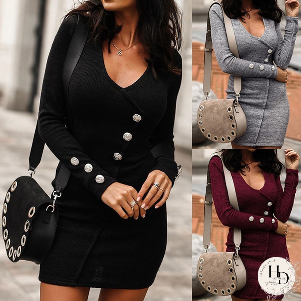 Ladies Autumn Spring Elegant Long Sleeve Buttons Slim Hip Casual Autumn Dress Bodycon Dresses Women Work Wear OL Dress