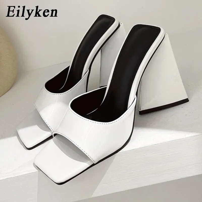 Eilyken Summer Orange Black Triangle Thick heel Slippers Sexy Street Woman Party Peep toe Dress shoes size 35-41