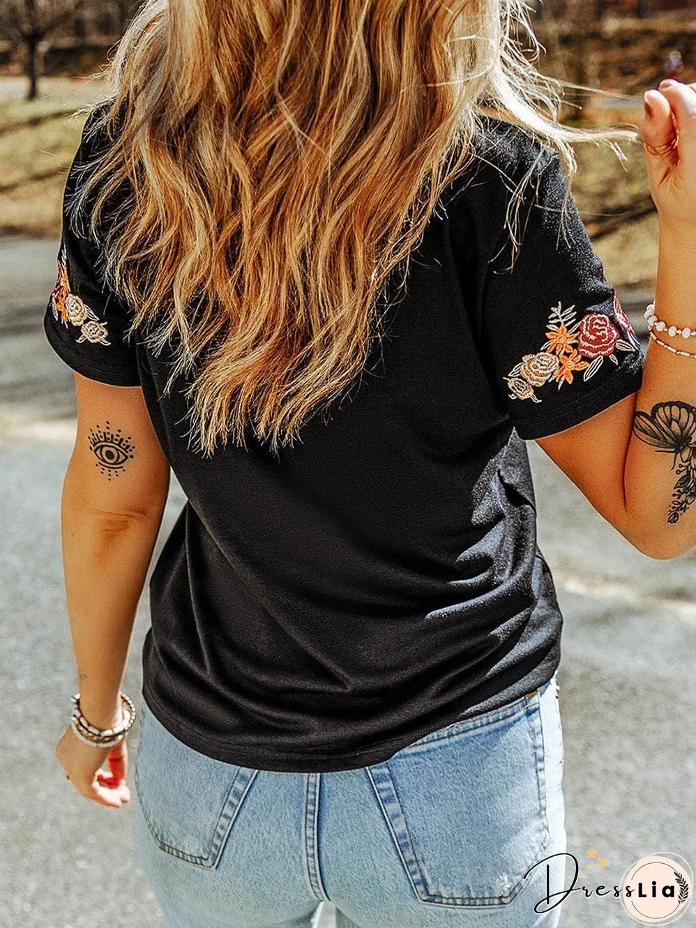 Elegant Black Easter Bunny Floral Embroidered Tee