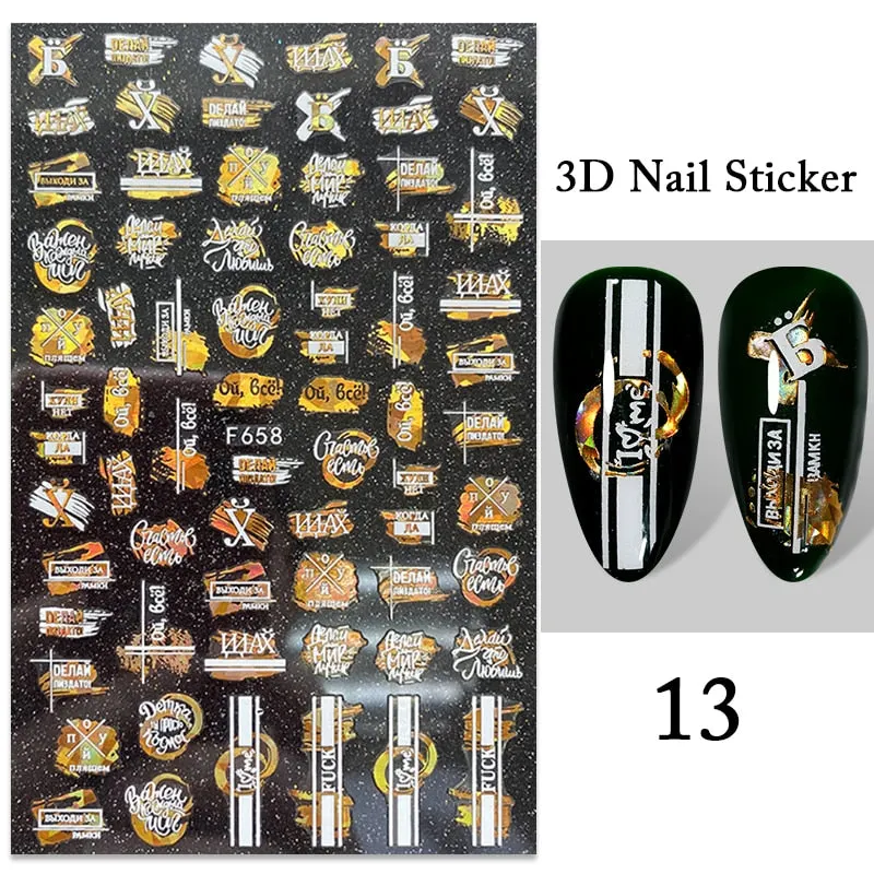 1PC iridescent Gold Black White 3D Nail Sticker Leaves Geometric Tropical Beach Decals DIY Slider Decoration Manicures-Nail Inspo
