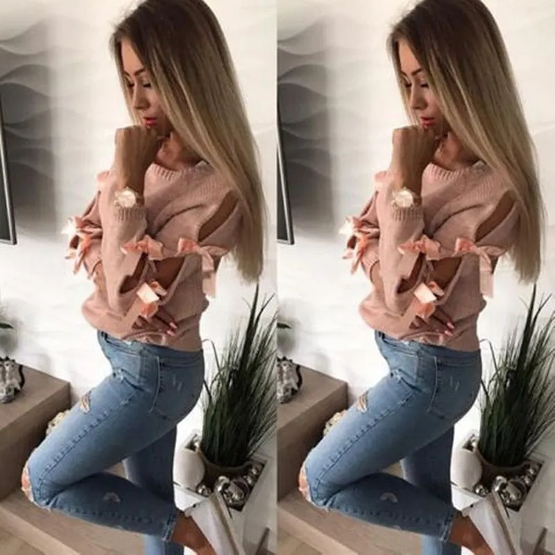 2021 Winter Women Knitted Pullover Lace Up Sweaters Casual Long Sleeve Hollow Out Bow Pull Femme Fashion Ladies Sweter