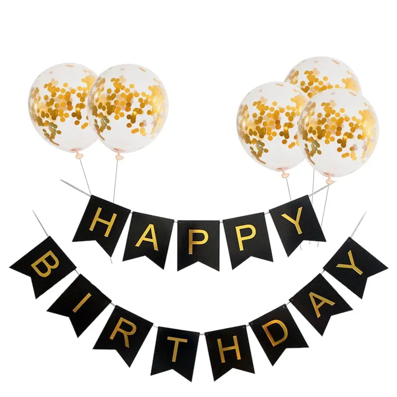 Black Gold Happy Birthday Banner Balloons Helium Number Foil Balloon for Baby Boy Kids Adult 18 30 Birthday Party Decorations