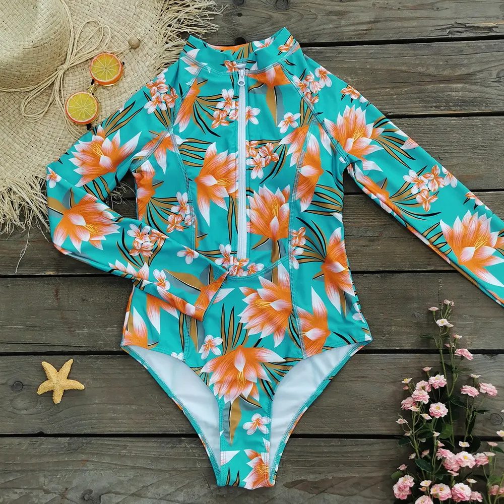 Churchf 2025 New One-Piece Swimsuit Women's Surfsuit Long-Sleeved Zipper INS Print All-In-One