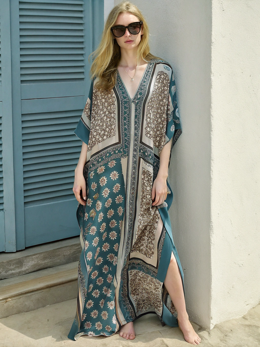 Contton & Linen Long Sleeve Kaftan Maxi Dress