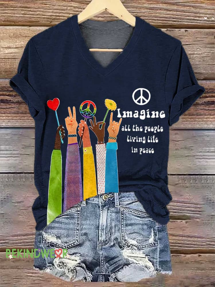 Women&rsquo;s Retro Hippie Imagine All The People Living Life In Peace V-neck Casual T-Shirt Blue / S