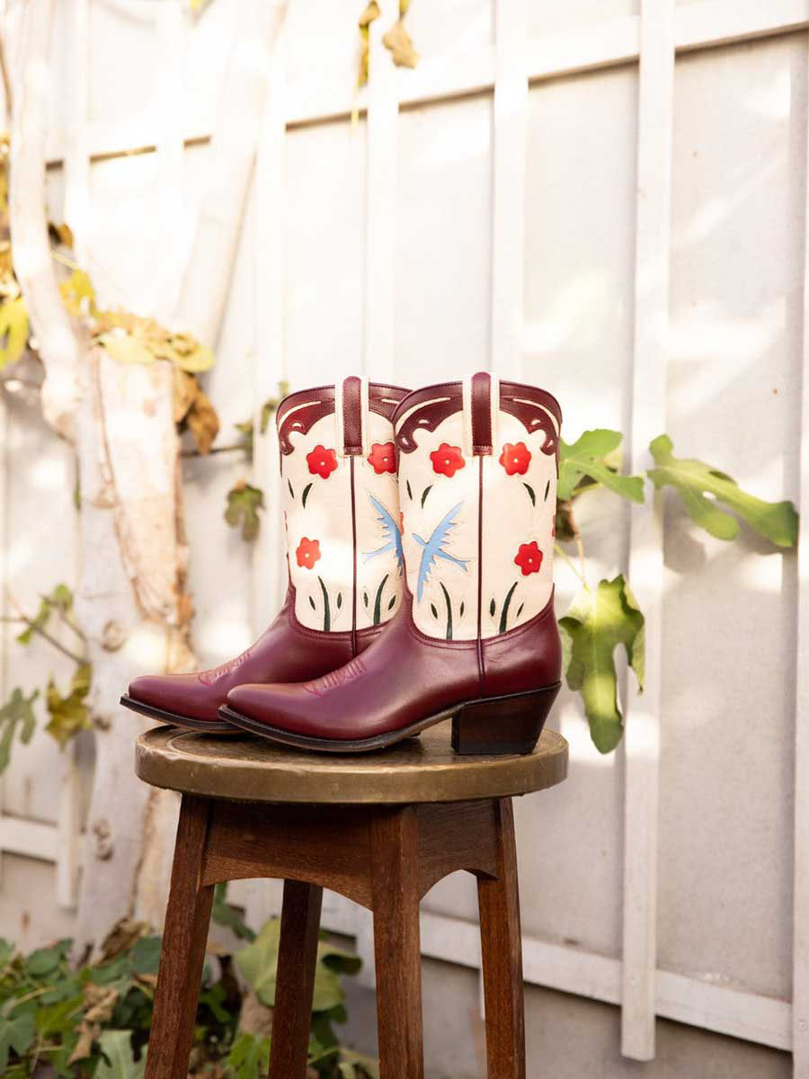 Multicolor Vegan Leather Floral Patch-Work Cowgirl Boots With Chunky Heel