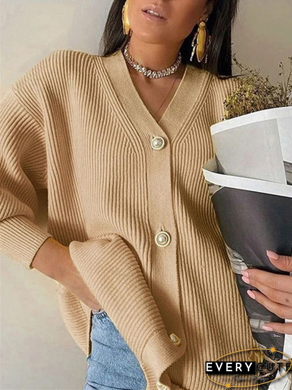 Solid Color V-neck Casual Loose Knit Breasted Cardigan Sweater
