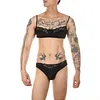 Men's Lace Bikini 2pcs Silky Bra and Underwear Briefs Set Swimsuit Sexy Crop Tops Sissy Panties