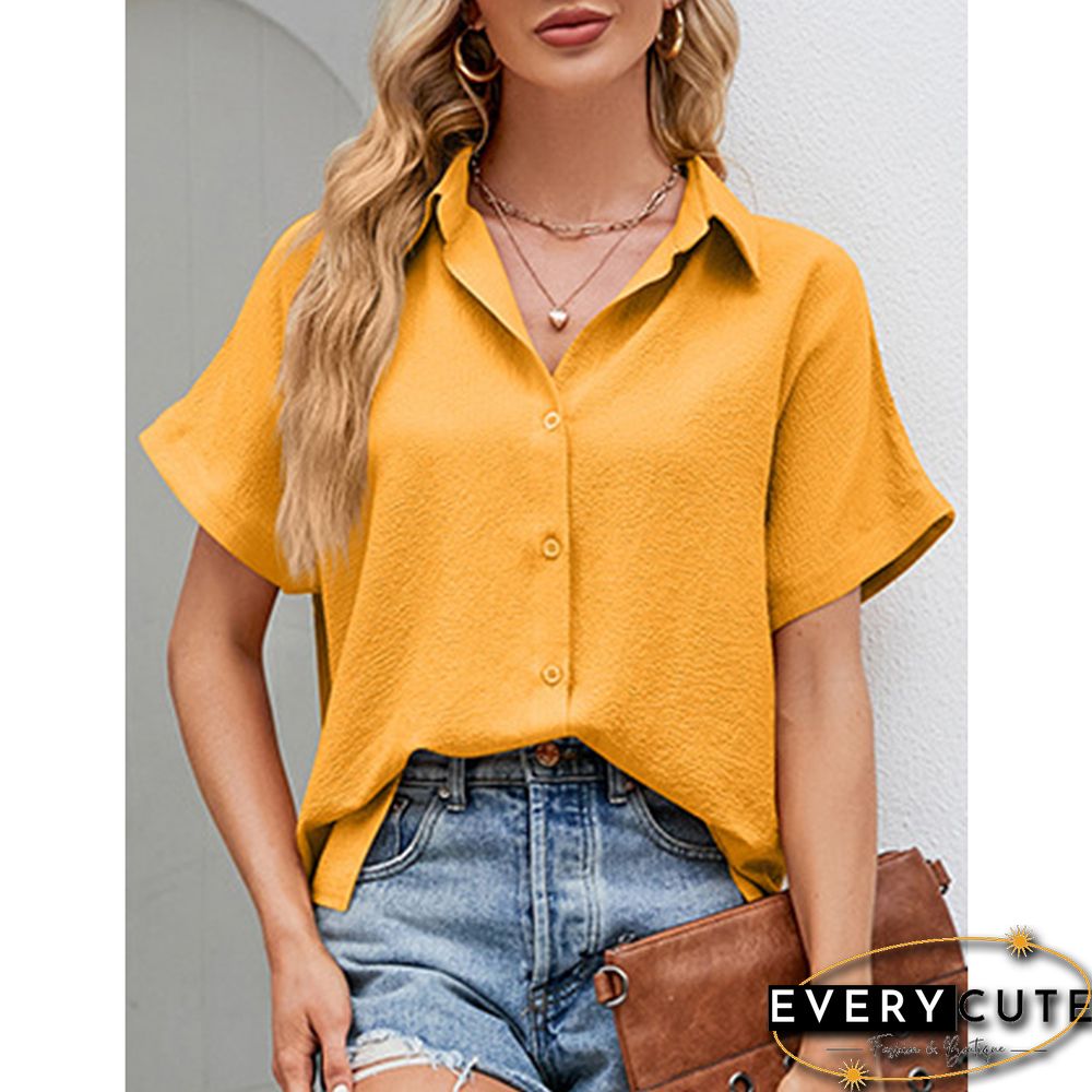 Yellow Button Lapel V Neck Short Sleeve Shirt