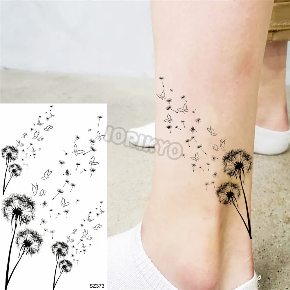 Black Dandelion With Creative Tattoos For Women Men Realistic Sea Wave Mountain Lavender Fake Tattoo Sticker Arm Leg Tatoos 3D