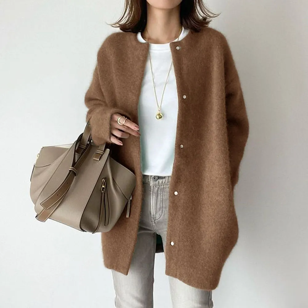 Retro Solid Color Loose Button Pocket Knitted Cardigan
