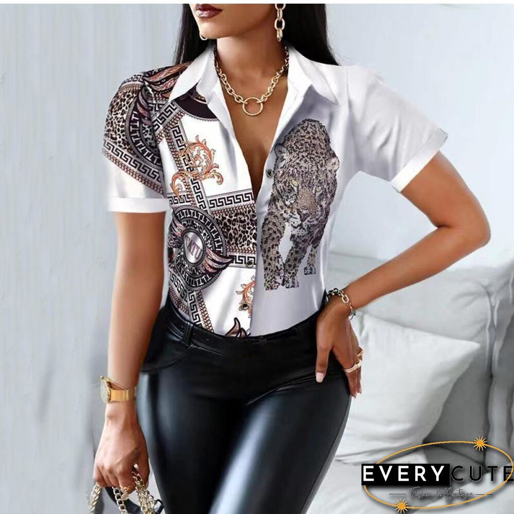 Summer Women Black Floral Print Top Shirt Fashion Casual Short Sleeve Turn-down Collar Tops Shirts New Elegant Slim Button Shirt