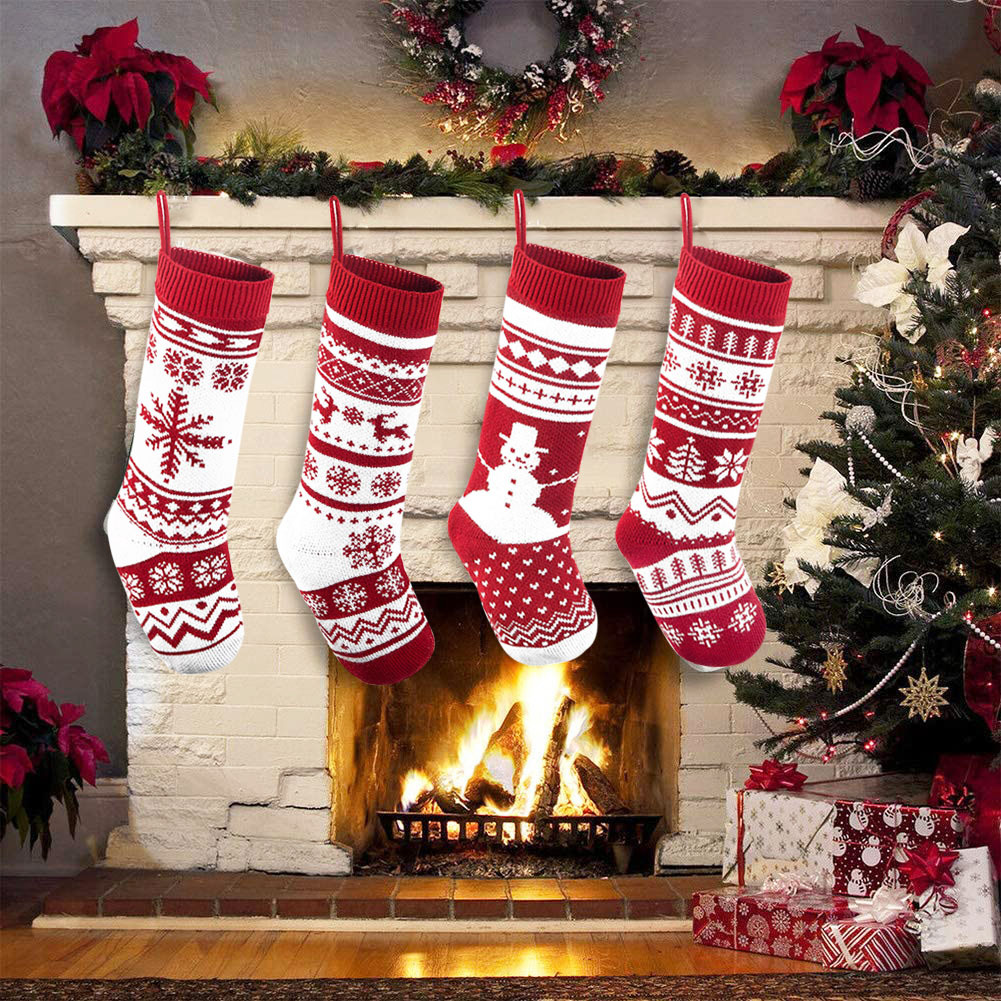 Christmas Tree Stockings: Knitted Socks Gift Decorations Red & White