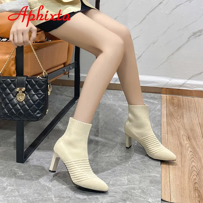 Aphixta 2022 New Beige 7cm Metal Blade Heels Stretch Fabric Ankle Socks Boots Women Elastic Stilettos Heel Pointed Toe Shoes