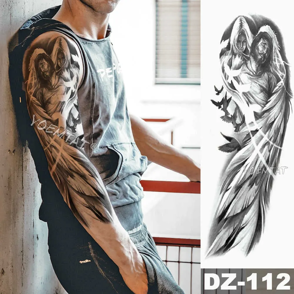 Large Arm Sleeve Tattoo Sketch Lion Tiger Waterproof Temporary Tattoo Sticker Crow Warrior Soldier Men Full Skull Totem Tattoo