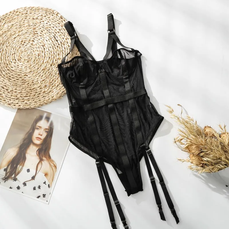 Black Onesie Bandage Jumpsuit with Garter Women Rompers Sexy Perspective Gauze Mesh Fashion Bodycon Bodysuit Clubwear