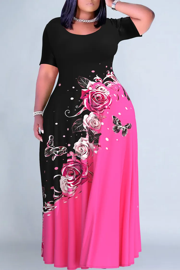 Plus Size Casual Multicolor Floral Print Butterfly Round Neck Short Sleeve Maxi Dresses 2024 - Xpluswear