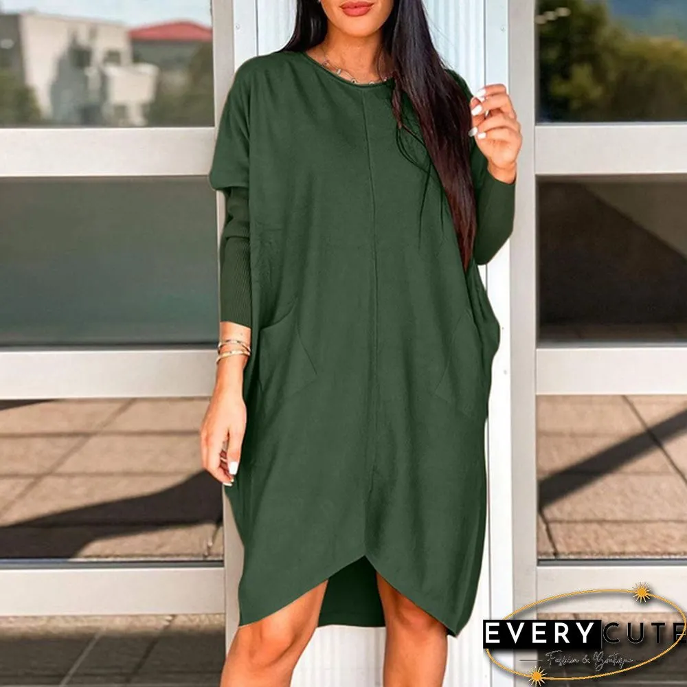 Women O-Neck Solid Patchwork Baggy Dress Knee Length Casual Dress
