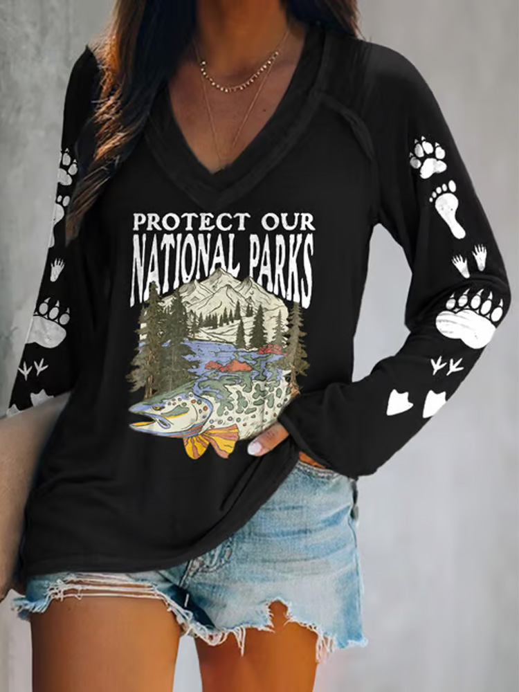 Comstylish Women's Protect Our National Parks Print V Neck T-shirt