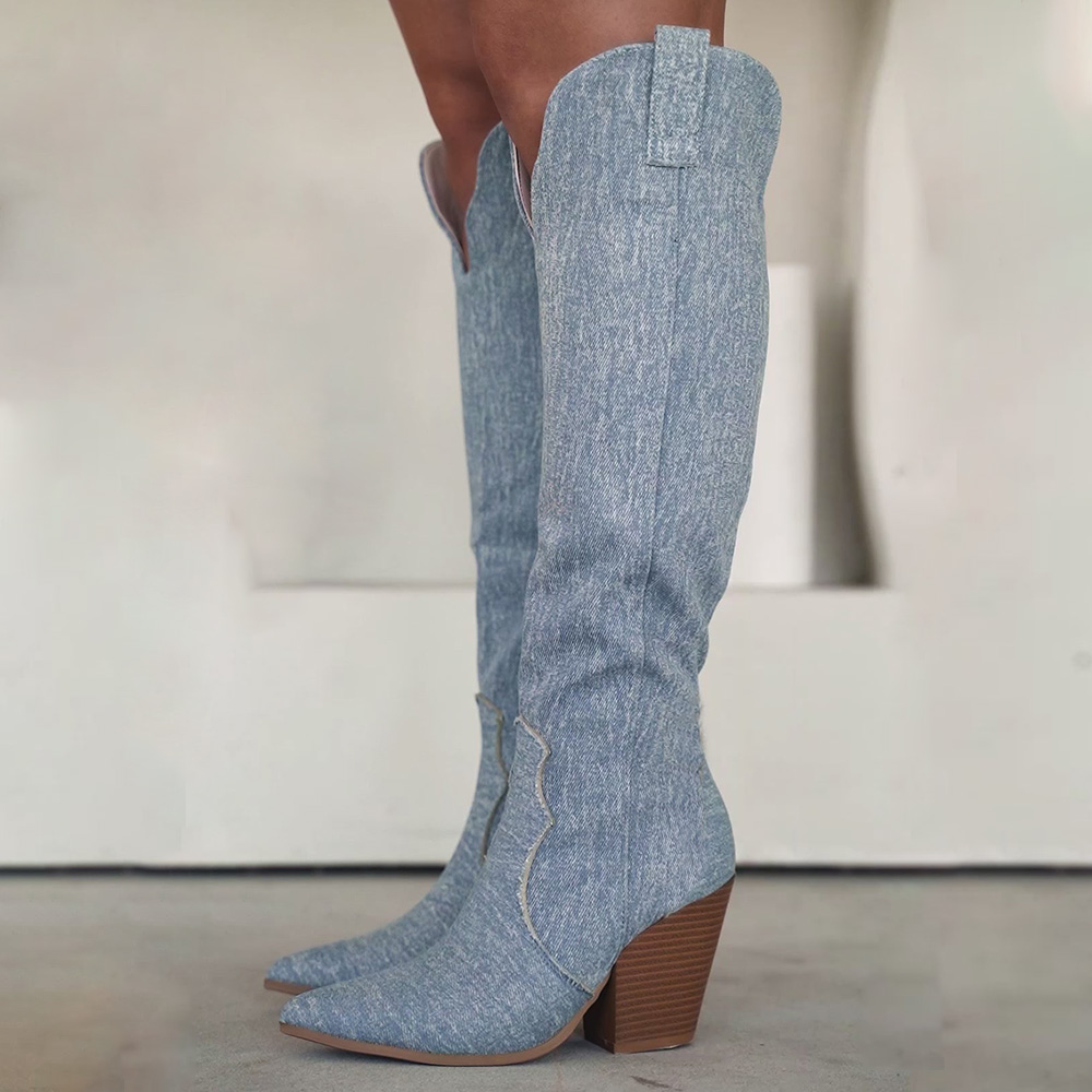Blue Denim Pointed Toe Knee High Cowgirl Boots with Chunky Heel Nicepairs
