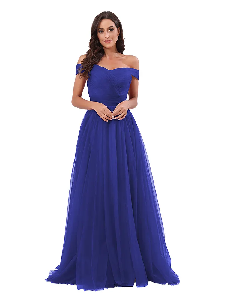 LiveZou Women Off-Shoulder Gauze Slim Long Wedding Dress Dark Blue for Bride 