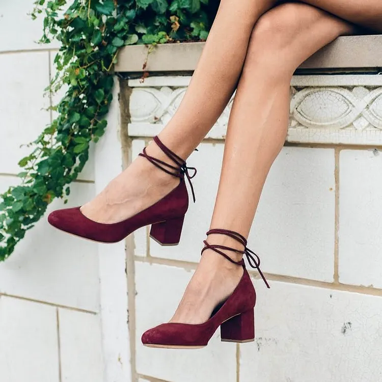 Burgundy Strappy Block Heel Pumps Vdcoo
