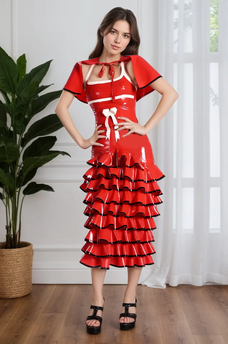 Women Latex Dress Scarlet Frill Waist Bow
