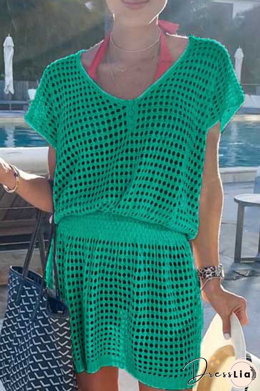 Casual Solid Mesh V Neck Waist Skirt Dresses(5 colors)
